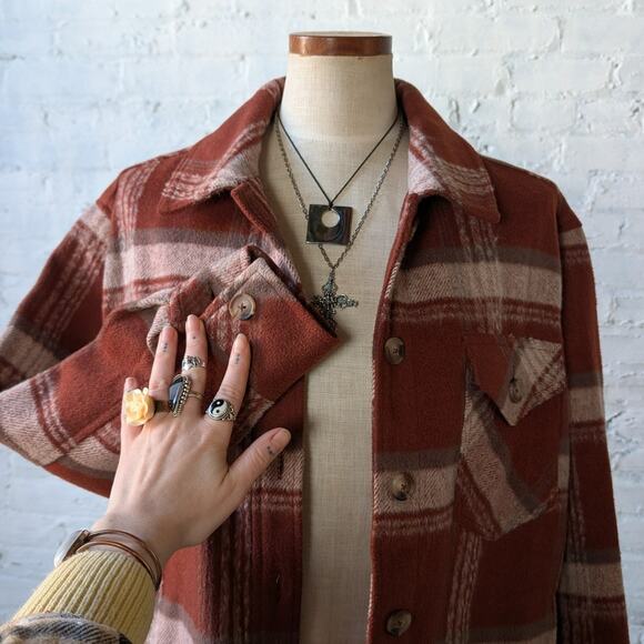 Red Plaid Flannel Jacket Gorpcore Utility Shacket Grunge Boho Chic Earthy Small - Picture 2 of 11
